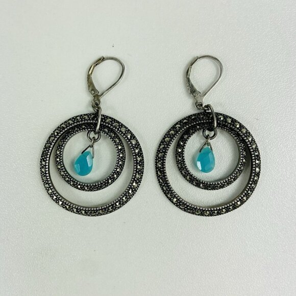 Judith Jack Chalcedony Sterling Silver Marcasite Double Circle Dangle Earrings - Picture 1 of 4